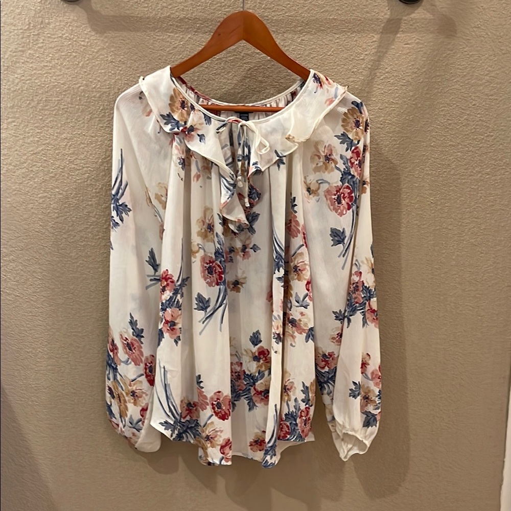 Chaps Floral Ruffle Blouse - Cream 2X